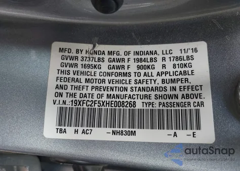 2017 Honda Civic Lx из США, поврежденный, VIN 19XFC2F5XHE008268